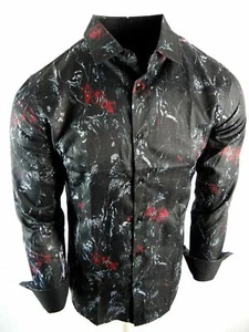 Mens Shirt Black Italian Style Marble Color Florals Slim Fit Button Front - Picture 1 of 6