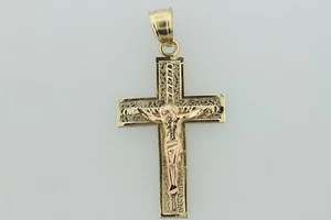 10K Yellow and Rose Gold Jesus Crucifix Cross Charm Pendant - Picture 1 of 5