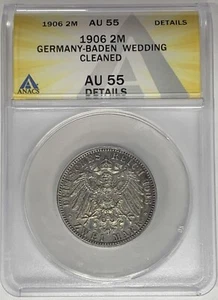 1906 Germany-Baden 2 Mark Coin ANACS AU 55 Details Cleaned W6 - Picture 1 of 2