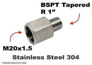M20x1.5 Female to BSPT Tapered R 1" Male Stainless Sensor Adaptor Fittings - Picture 1 of 6