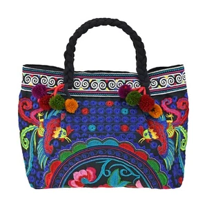 Magical & Beautifully Embroidered Blue & Red Phoenix Handbag - Picture 1 of 5