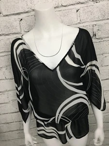 New York and Company Women's Sheer Black White V-neck Top Small S Work Summer - Picture 1 of 4