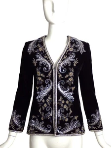MARY MCFADDEN- 1990s Black Beaded Velvet Jacket, Size 4 - Picture 1 of 5