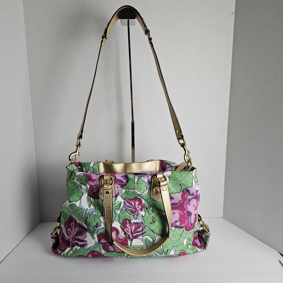 Coach Ashley Iris Floral Lavender Bag – Gold Metallic Trim – 15” x 10.5” x 3.75” - Image 1 of 4