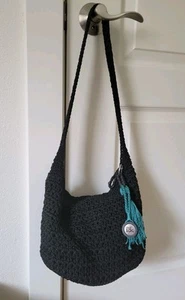 💕 Vtg The Sak Hand Crochet Knit Woven Shoulder Bag Purse Medium Black Boho - Picture 1 of 7