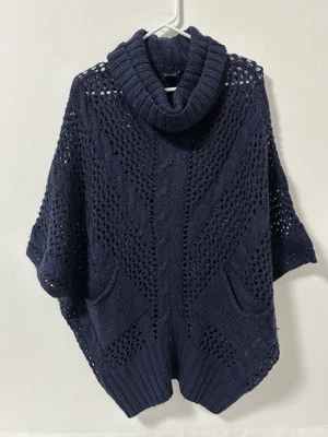 BCBG Max Azria Suéter Mujer S/M Cable Tejido Poncho Pullover Capucha Cuello Lana Azul Foto 1 de 4
