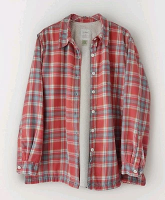 LL Bean Vellón Forrado Franela Camisa Chaqueta Mujer XL Coral Rosa Azul Cuadros Chaqueta Foto 1 de 4
