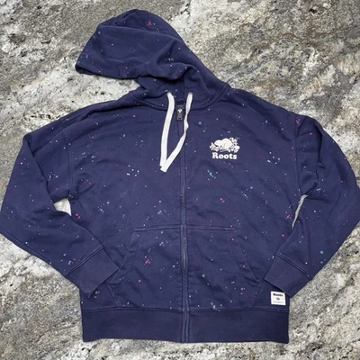 Roots Canada Navy Blue Zip Up Hoodie Sweatshirt Speckles Paint Splatter Detail - Image 1 of 4
