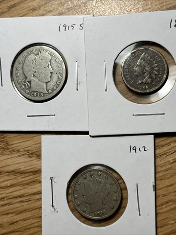 old coin lot: 1915 S Barber 25c, 1860 Indian Head 1c and 1912 Liberty Head 5c Cover