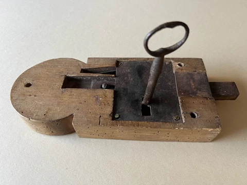 French Hand-Wrought Iron Mortise Mount Lock on Wood with Forged Key, Louis XVI Cover
