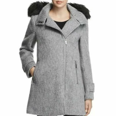 Abrigo con capucha de piel sintética Calvin Klein para mujer mezcla de lana gris negro talla XS Foto 1 de 4