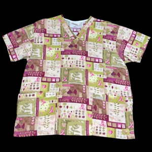 Peaches Size Large Women Scrub Shirt Fall Floral Leaf Hope Breast Cancer Ribbon - Picture 1 of 8