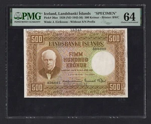 Iceland 500 Kronur 1928( 1945-56) P36as "Specimen" Uncirculated Grade 64 Top Pop - Picture 1 of 2