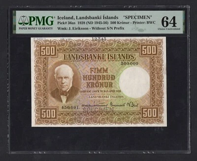 Iceland 500 Kronur 1928( 1945-56) P36as "Specimen" Uncirculated Grade 64 Top Pop - Image 1 of 2