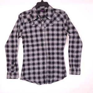 Camisa de rodeo Wrangler para mujer manga larga pequeña negra/gris a cuadros perla a presión - Imagen 1 de 12