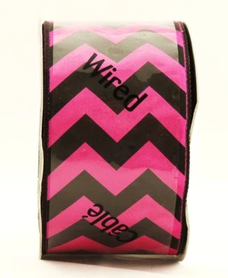 Pink Black Bold Chevron Stripe Wide Wired Ribbon 25 Yards NEW bright hot pattern - Image 1 of 2