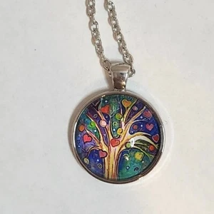 Tree of Life Picture inside Glass Domed Pendant Silvertone 22" Chain & Extender - Picture 1 of 3