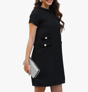 Schwarzes Tweed Jackie Kleid Kurzarm Goldknopf Knielang Flechtborte M - Bild 1 von 6