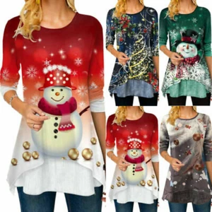 Womens Christmas 3D Snowman Tops Pullover Xmas Long Sleeve Lady Blouse T Shirt - Picture 1 of 44
