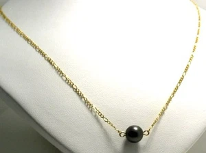 8.8MM Round Black Tahitian Pearl Station Necklace, 14K Yellow Gold, 16.5" - Picture 1 of 4