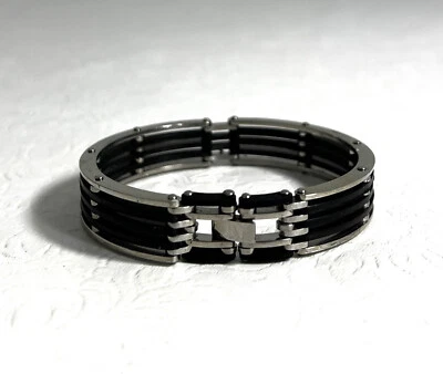 JJB054 Pulsera de acero inoxidable con eslabones de bordillo de goma de dos tonos para hombre pulsera de eslabones de cadena 9” Foto 1 de 4