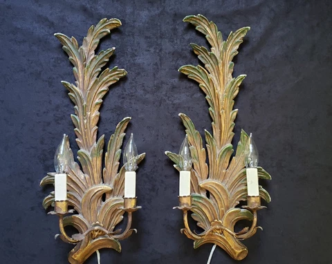 PAIR of FLORENTINE VINTAGE ITALIAN GILTWOOD ELECTRIC CANDLE WALL SCONCES 23" Cover