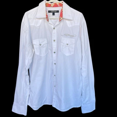 Camisa a Presión Ed Hardy Christian Audigier Para Hombres Perla Grande Y2K Bordada Occidental Foto 1 de 4