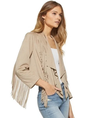 Chaqueta abierta con flecos de gamuza sintética COLLEEN LOPEZ 1x drapeado manga 3/4 tostado occidental Foto 1 de 4