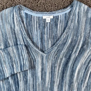 Pure Jill blau weiß gestreifter Langarm-Strickpullover mit V-Ausschnitt Oberteil Small Damen - Bild 1 von 8