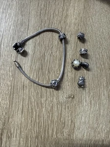 Sterling 925 Pandora Bracelet With 6 Charms Pandora Clasp 7.5 Inches Snake Chain - Picture 1 of 15