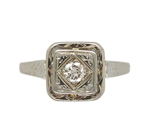 18k White Gold Art Deco Genuine Natural Diamond RIng Hand Engraved 5 (#J7290) - Picture 1 of 11