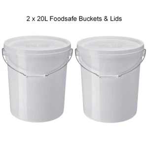 2 X 20 Ltr Litre White Plastic Bucket Container with Lid & Metal Handle FoodSafe - Picture 1 of 3