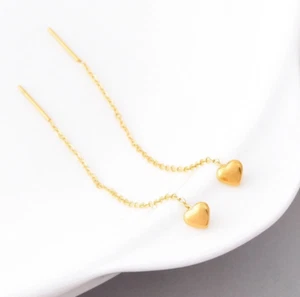 3" Threader Gold Hearts Earrings Stainless Steel Elegant Fashion Drop PE9 - Picture 1 of 5