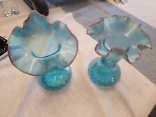 Fenton Blue Opalescent Vases With Cranberry Trim