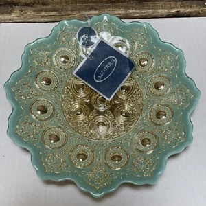 Plato de vidrio artístico hecho a mano Azzurra azul verde y dorado plateado hecho en Turquía *LEER - Imagen 1 de 9