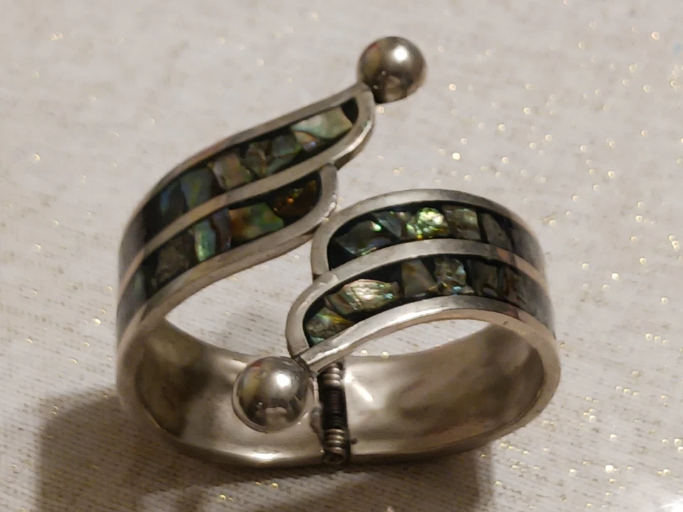 Vintage Mexican,Sterling Silver Hinged Cuff Bracelet,Abalone Shell,Pre-owned,75g - Image 1 of 4