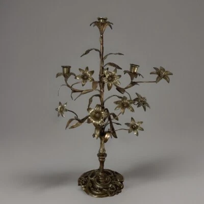 Chandelier D’église Fin XIXeme Bronze Décor Fleurs Et Feuille Lys 54cm NDR AP - Photo 1/4