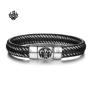 Silver black leather Fleur-de-lis bangle stainless steel handmade bracelet - Picture 1 of 3