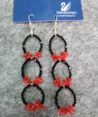 orecchini pendenti swarovski rosso rubino con corallo naturale e argento 925  - Immagine 1 di 3