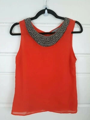 Top sin mangas Tinley Road para mujer talla XS naranja semi transparente plateado cuello con cuentas Foto 1 de 4