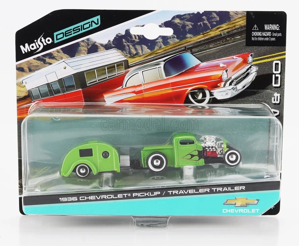 1/64 MAISTO - CHEVROLET - PICK-UP 1936 WITH TRAVELER TRAILER ROULOTTE 15368-10 - Immagine 1 di 1