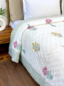 Indian Handmade Block Print Bedding Quilt Jaipuri Razai Cotton Quilted Bedspread - Picture 1 of 8