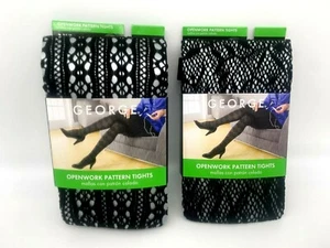 2 pr George Openwork Pattern Tights - Vine+Stripe Patterns-size 1-Black Soot - Picture 1 of 6