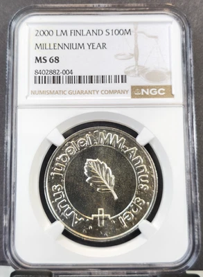 2000 FINLAND SILVER 100 MARKKAA MILLENNIUM YEAR NGC MS 68 RARE GEM BU - Image 1 of 3