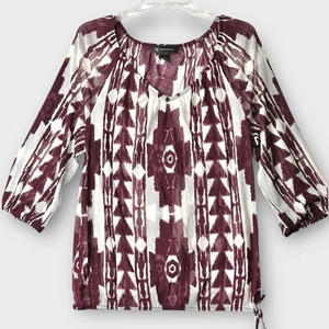 INC Woman’s Size XL Burgundy White Aztec Sheer Top Tunic Boho Western - Picture 1 of 9