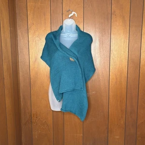 Pure HandKnit Wrap Shawl Teal 3 Coconut Buttons Artisanal Boho Cottagecore - Picture 1 of 16