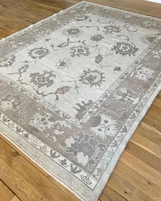 Handmade Knotted Oushak Wool Rug 8x10 – Muted Beige Gray Turkish Vintage Carpet - Image 1 of 4