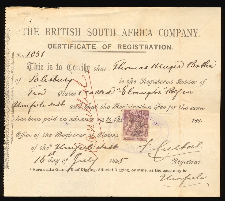 CERTIFICADO MINERO RHODESIA 1895 BSAC USADO EN UMFULI.ESCASO.  A770 Foto 1 de 1