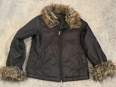 Chaqueta acolchada Karen Kane Puffer para mujer XL negra con ribete de piel sintética cremallera completa Foto 1 de 4