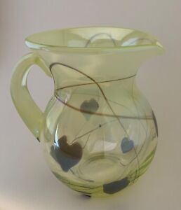 Gibson Studio Glass Pitcher Canary Uranium with Cranberry Hanging Hearts